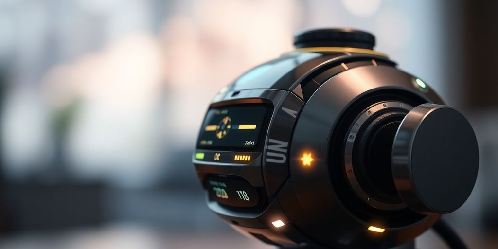 Futuristic AI voice synthesis device in a blurred background.