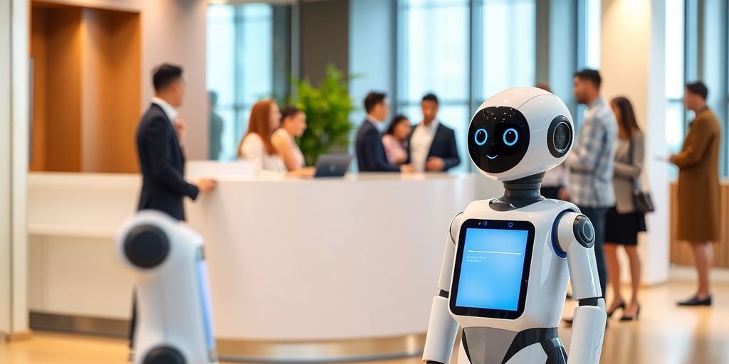 AI receptionist robot in a modern office environment.