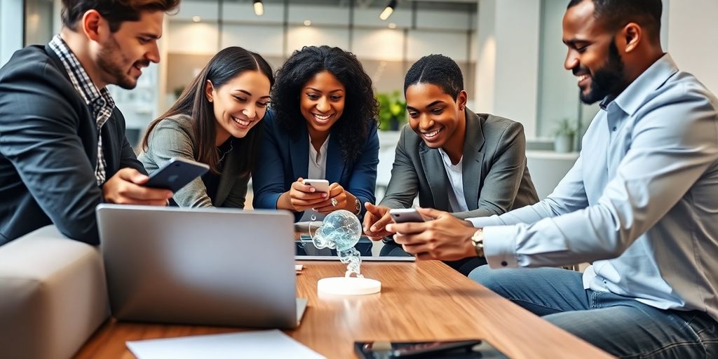 Diverse professionals collaborating with AI technology in an office.