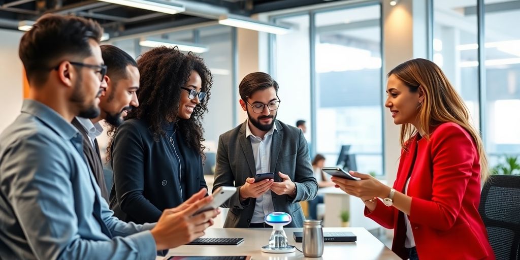 Professionals discussing AI phone services in a modern office.