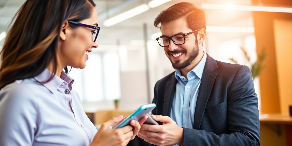 Salesperson communicating with customer through smartphone.