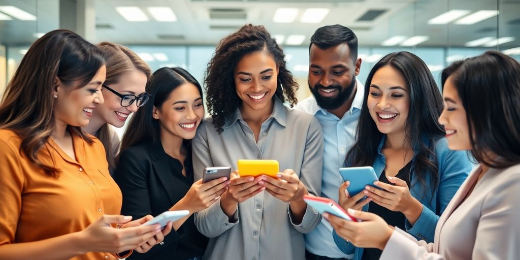 Sales team interacting with customers via mobile devices.