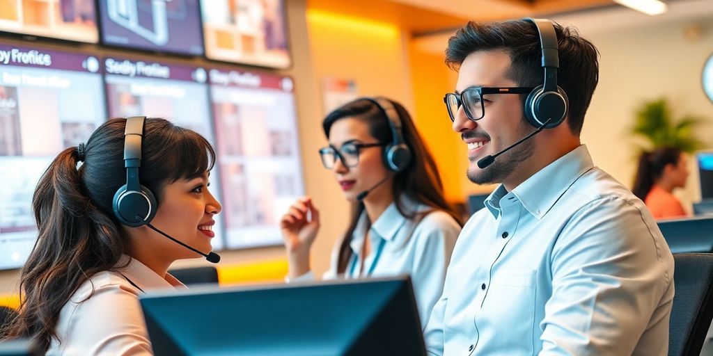 Futuristic call center with diverse voice AI agents at work.