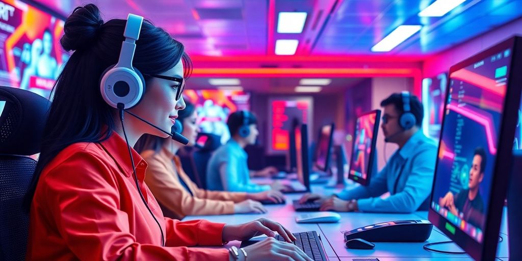 Futuristic call center with AI voice agents interacting.