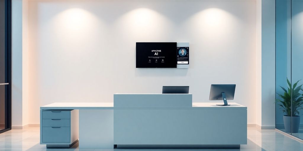 Modern office with AI phone receptionist on desk.