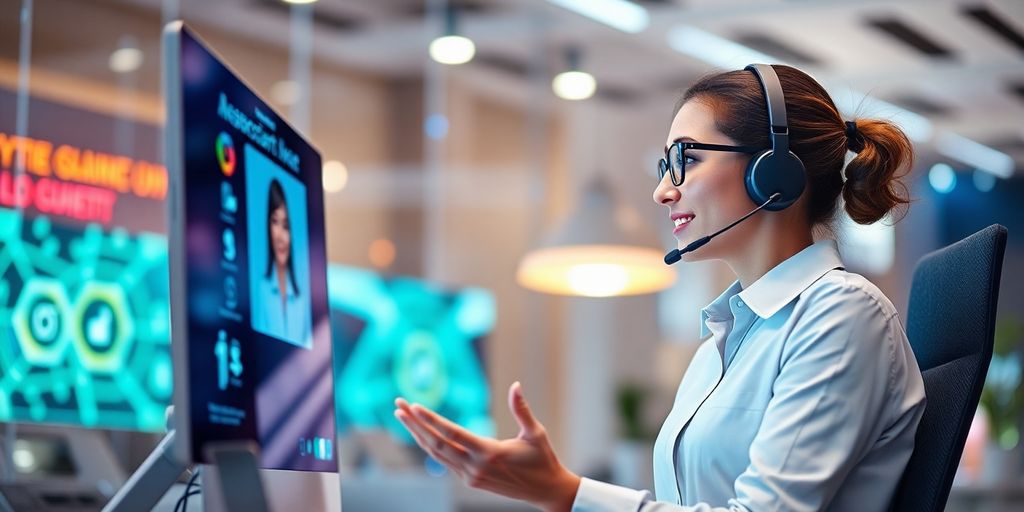 Customer service rep using AI chat widget on screen.