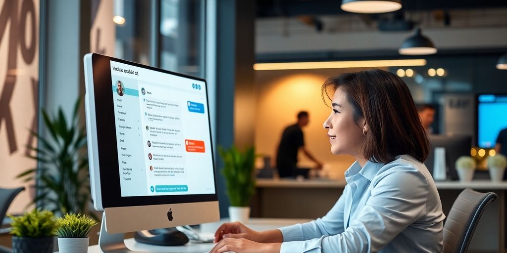 Person using voice AI chat in a modern workspace.