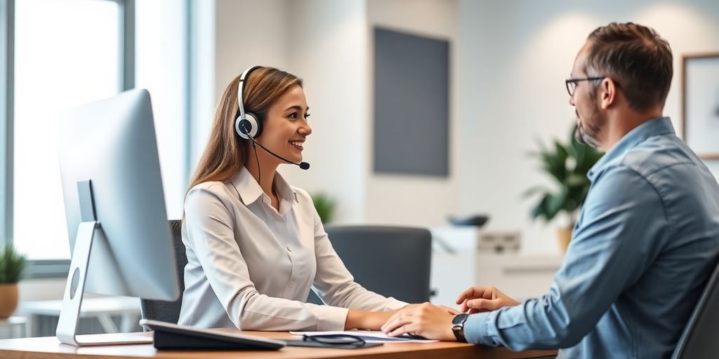 AI receptionist assisting clients in a modern office.