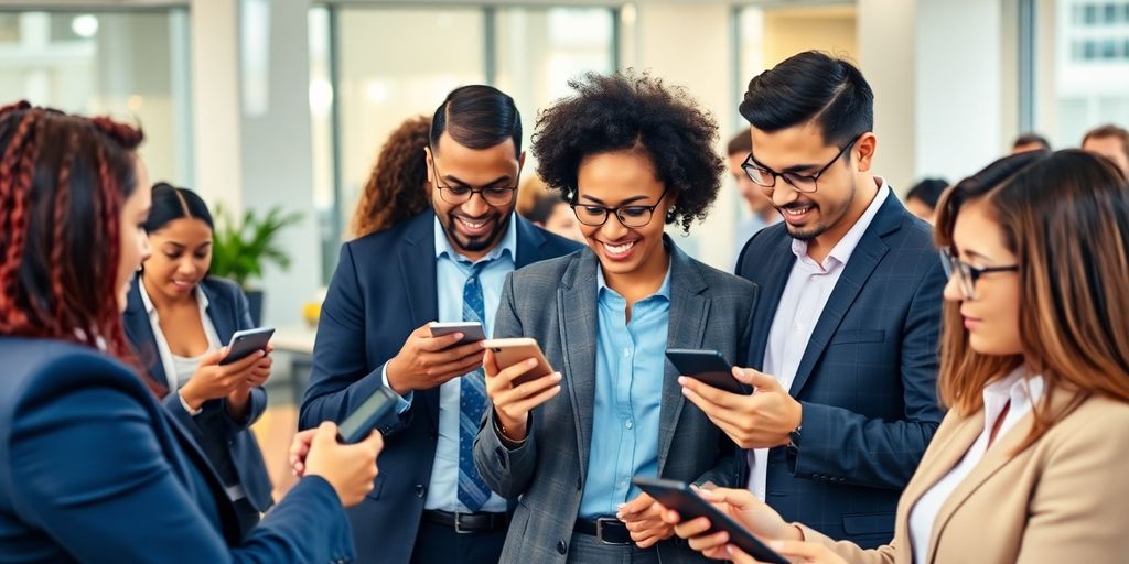 Group of professionals using mobile devices for communication.