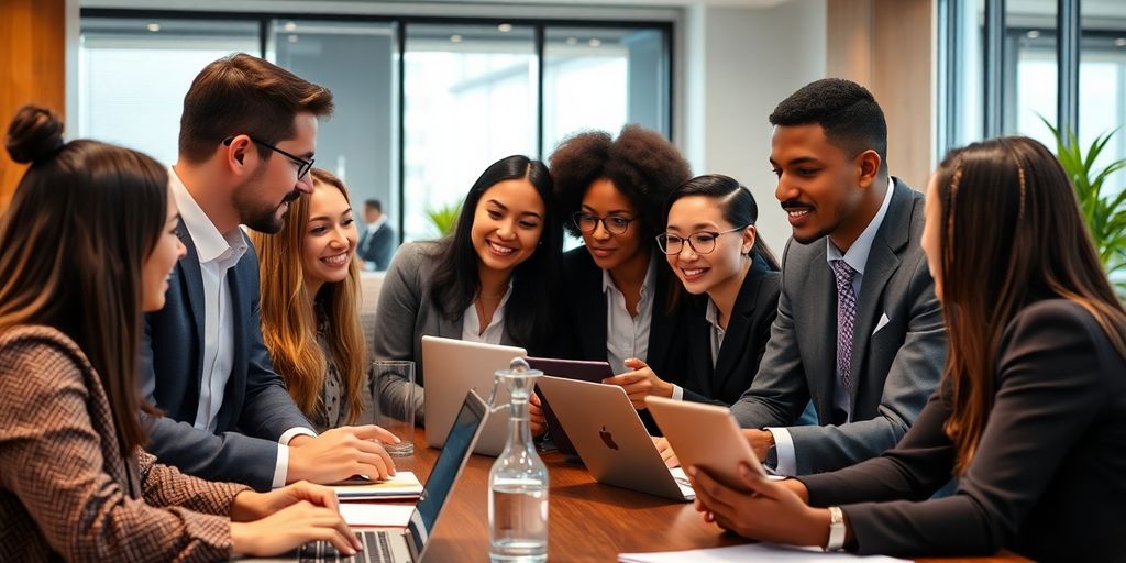 Business professionals discussing AI texting services in an office.
