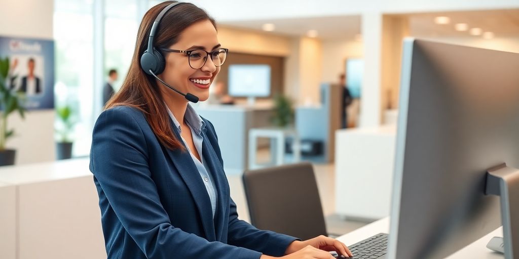 Virtual receptionist assisting clients in a modern office setting.