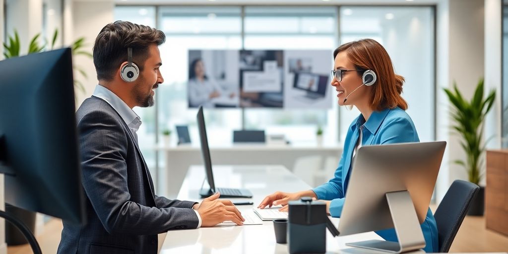 Virtual receptionist assisting clients in a modern office.