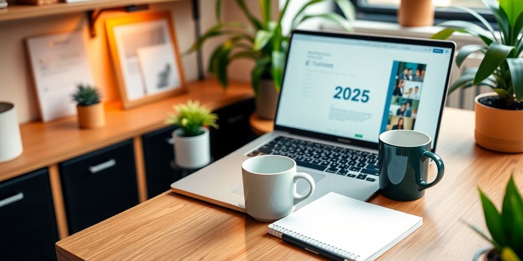 Modern workspace with laptop and notepad on desk.