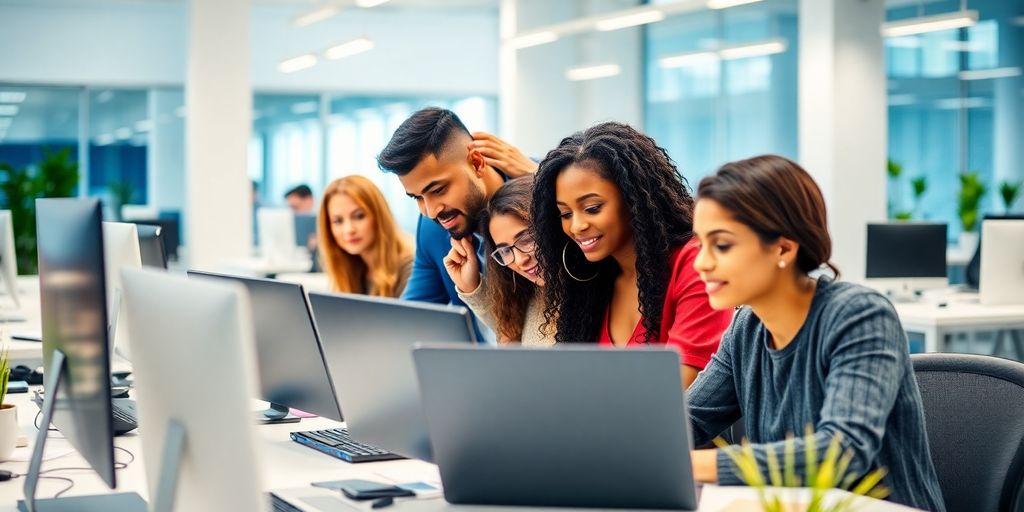Diverse team collaborating in a modern office workspace.