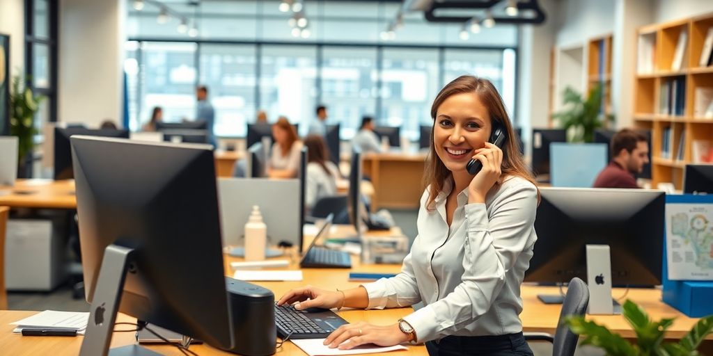 Friendly receptionist answering calls in a busy office.