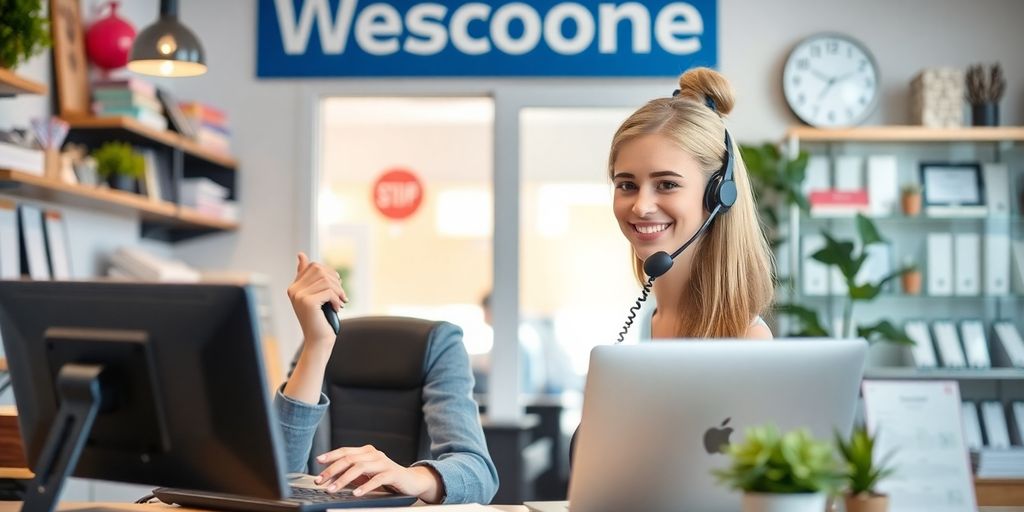 Employee answering a phone in a small business environment.