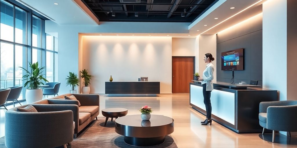 Modern reception with AI interacting with a guest.