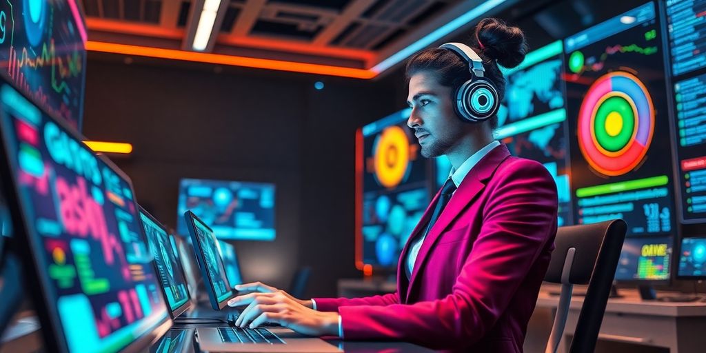 Receptionist interacting with AI technology in a modern setting.