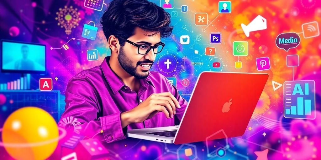 Person creating video content with AI tools on laptop.