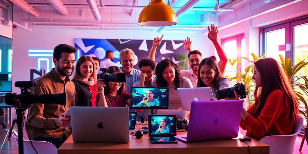 Diverse team creating videos in a bright workspace.