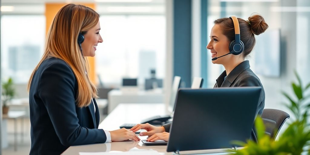 Virtual receptionist assisting clients in a modern office.