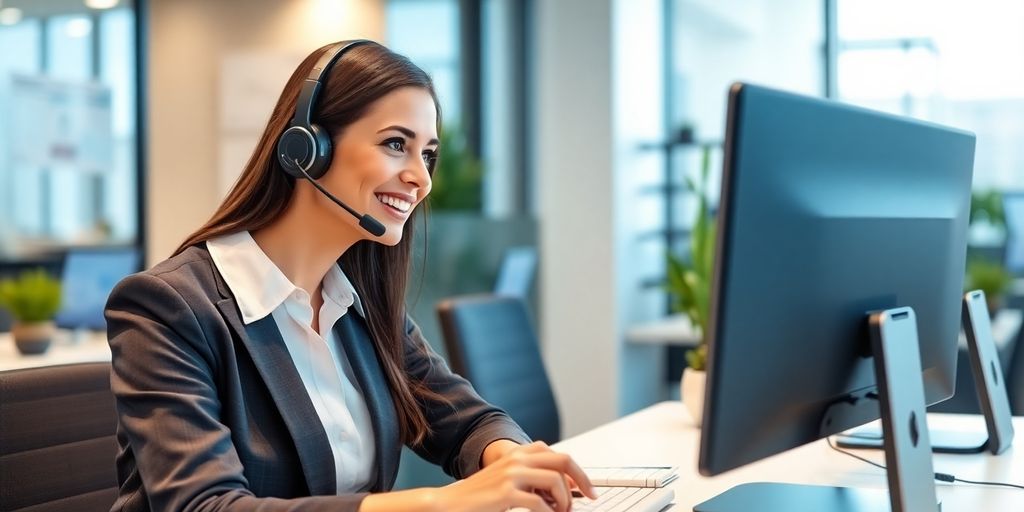 Virtual receptionist assisting clients in a modern office.