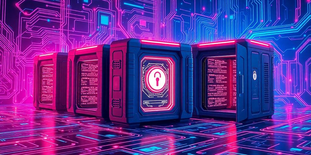 Futuristic digital landscape with secure data vaults and technology.