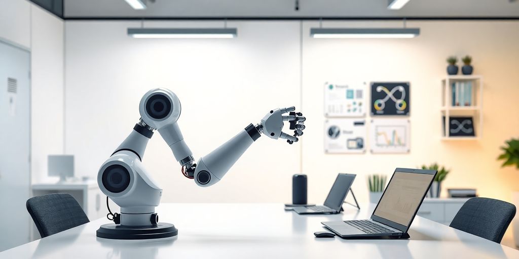 Robotic arm in a modern workspace, enhancing workflow.