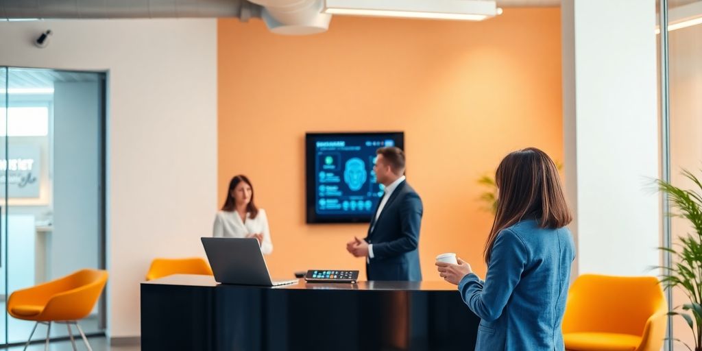 Modern AI receptionist in a vibrant office environment.