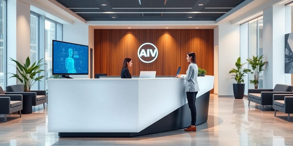 AI front desk in a modern reception area.