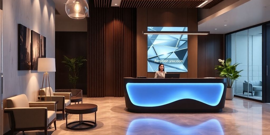 Modern AI front desk in a stylish reception area.