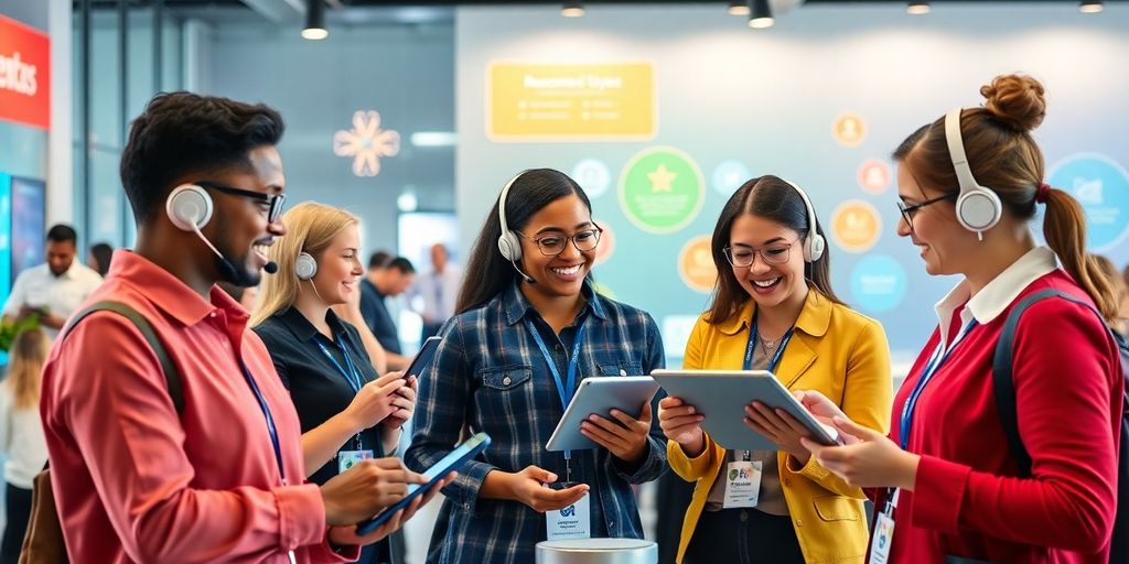 Customer service team interacting with clients using technology.