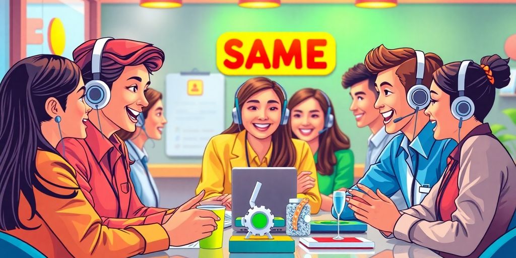 Customer service agents engaging with customers in a playful setting.