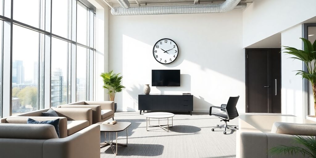 Modern office with digital clock indicating active times.