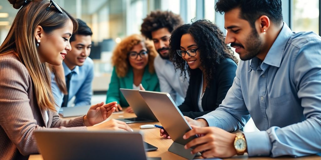 Group of professionals discussing AI business strategies.