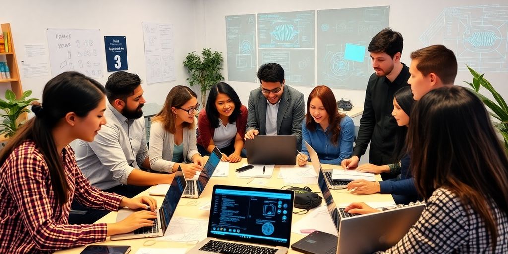 Entrepreneurs collaborating on AI product development in a workspace.