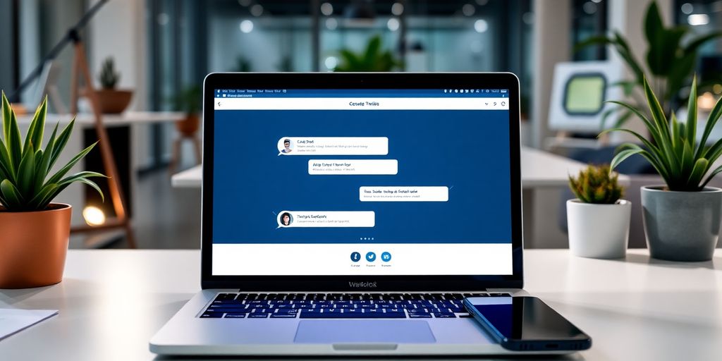 Modern workspace with laptop and smartphone for chatbot.