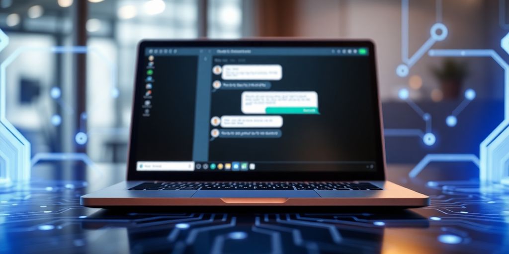 Modern workspace with a laptop and AI elements.