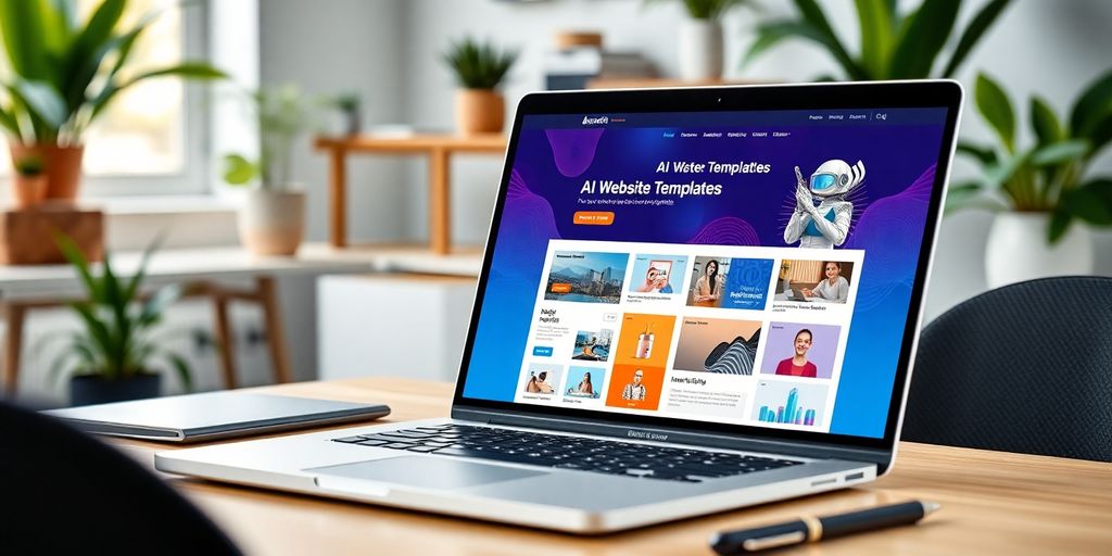 Modern workspace with AI website templates on laptop.