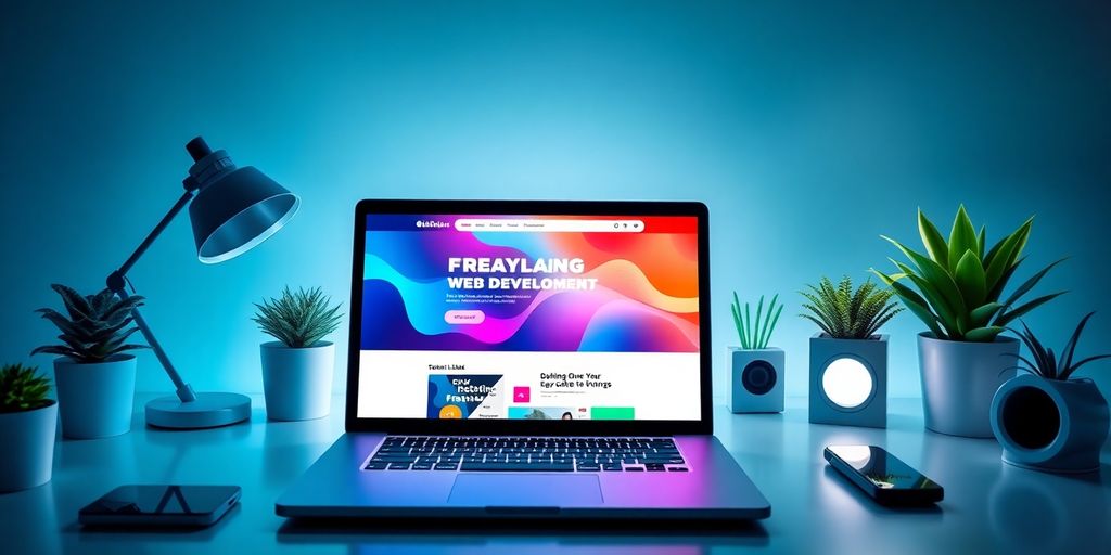 Futuristic workspace with laptop and vibrant website design.