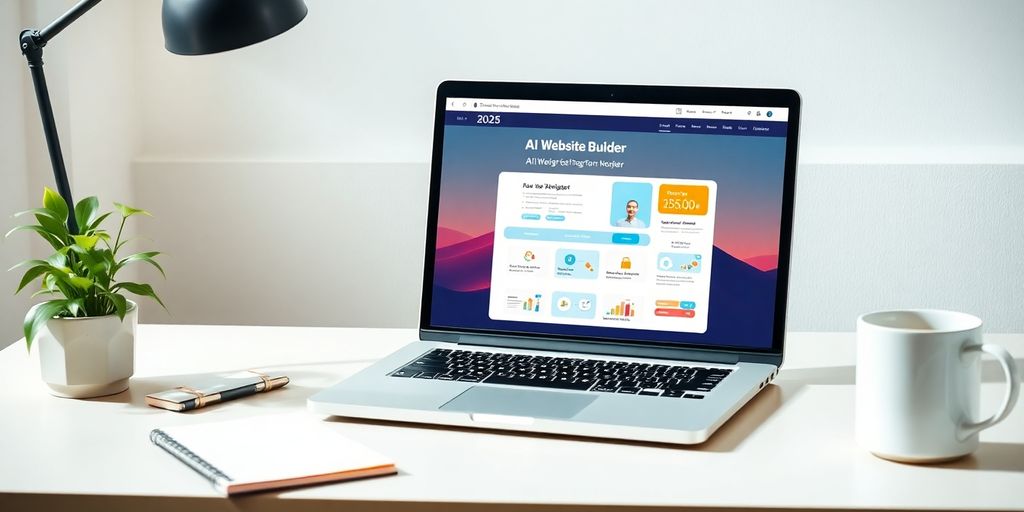 Modern workspace with laptop and creative web design elements.