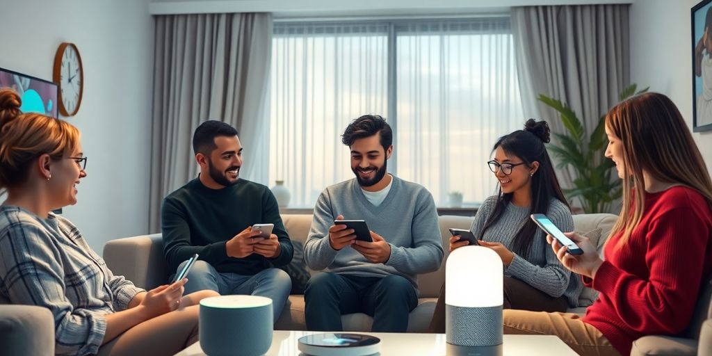 Group of people engaging with voice AI devices at home.