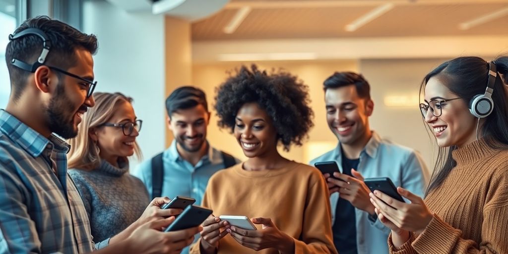 People using advanced voice AI devices in a modern setting.