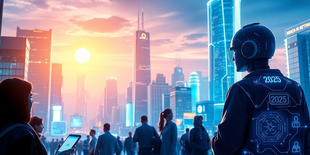 Futuristic cityscape with people using AI voice assistants.