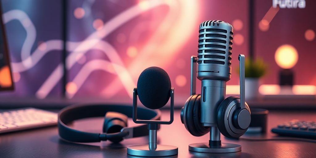 Microphone and headphones on a desk in a modern setup.