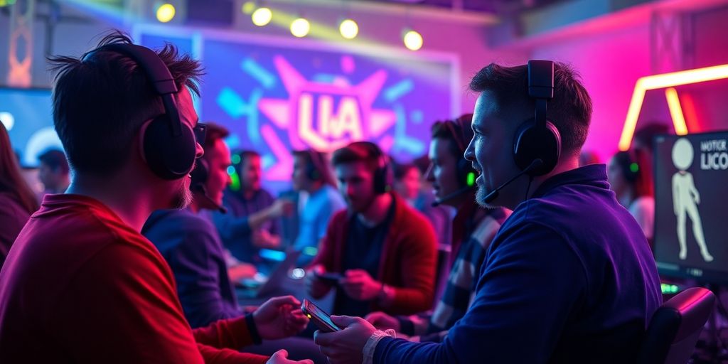 Gamers with headsets interacting in a lively community setting.
