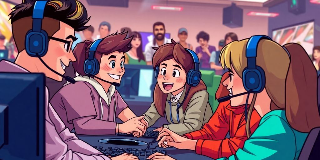 Diverse gamers communicating with AI voice technology in action.