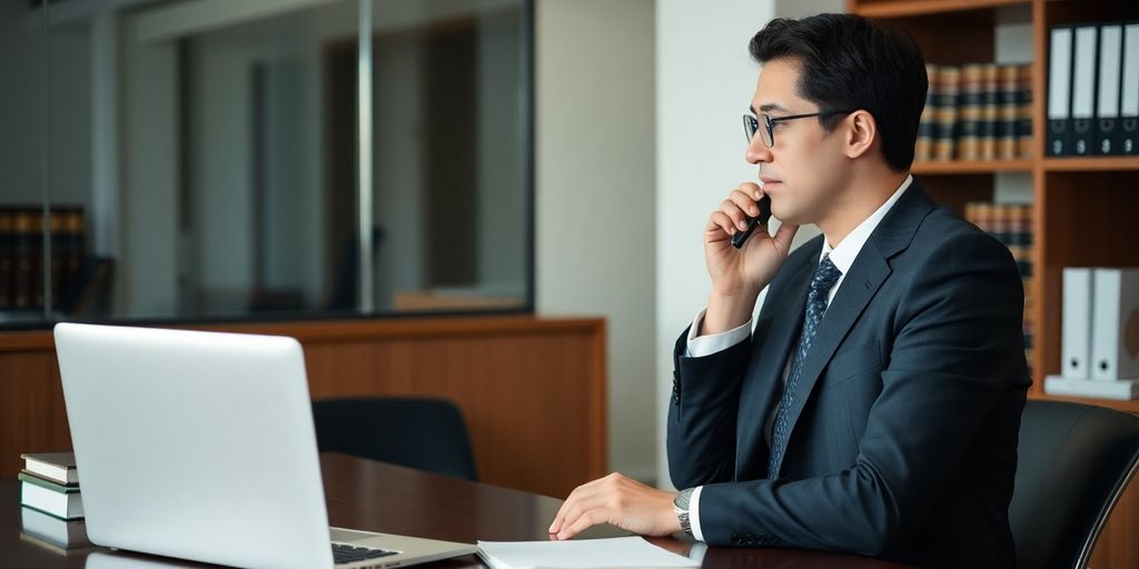 Attorney talking on the phone in a modern office.