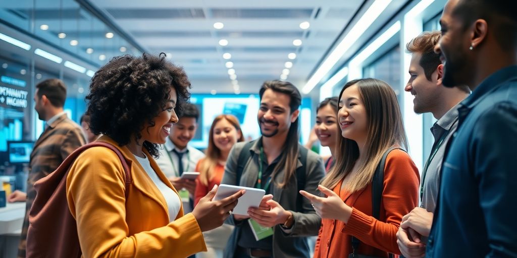 Diverse customers interacting with AI technology in a modern setting.