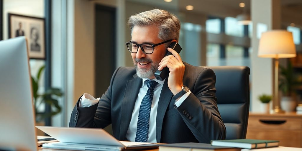 Attorney on phone, demonstrating client engagement in office.